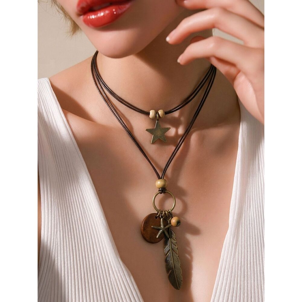 Boho Layered Feather & Starfish Pendant Necklace Brown Cord Adjustable Wood Bead